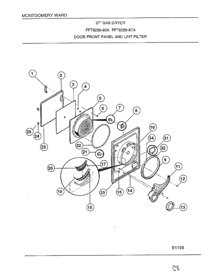 Door Front Panel/lint Filter Diagram and Parts List for 8289-80A  Frigidaire Dryer