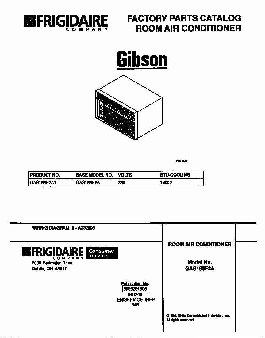 Cover Diagram and Parts List for GAS185FSA1  Uni Air Conditioner