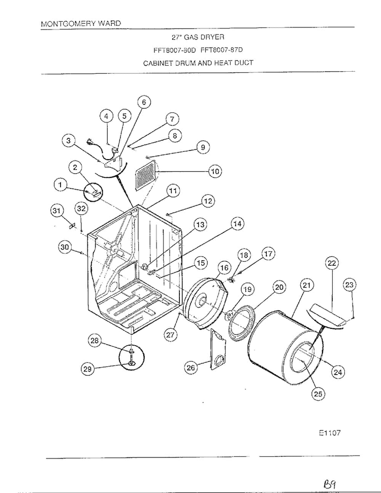 Cabinet Drum/heating Duct Diagram and Parts List for 8007-87D  Frigidaire Dryer