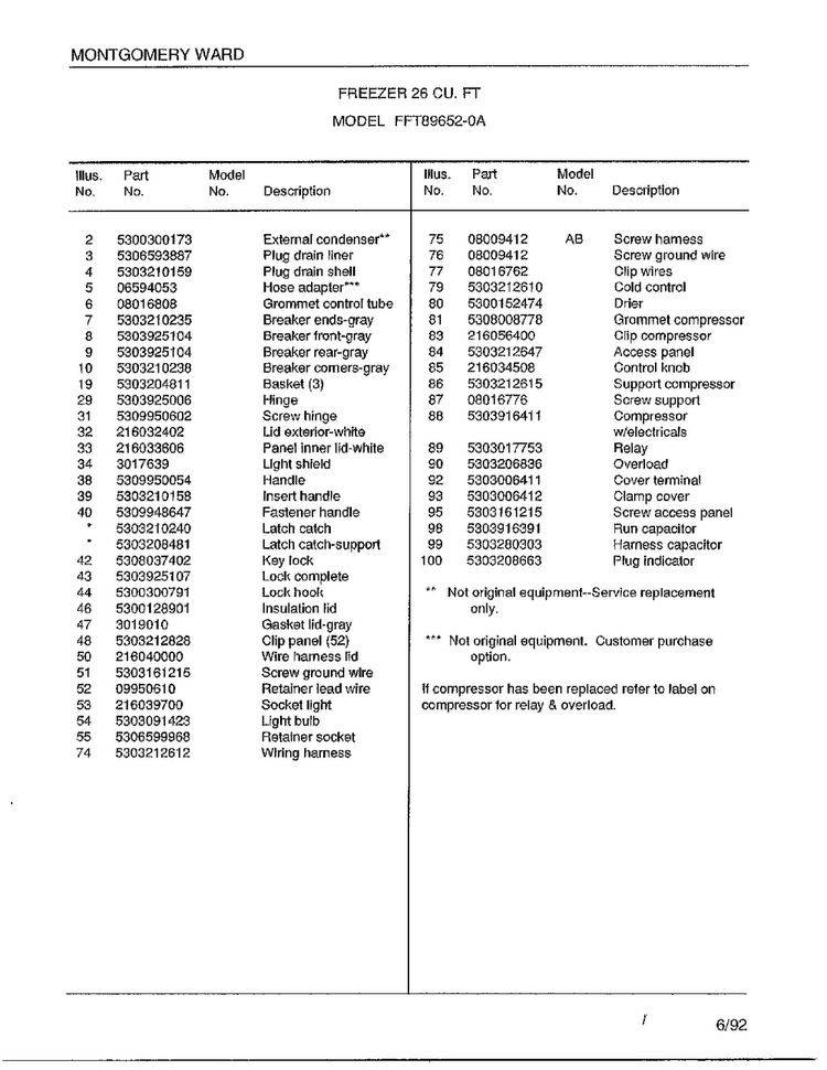 Freezer 26 Cu. Ft. Page 2 Diagram and Parts List for 89652-0A  Frigidaire Freezer
