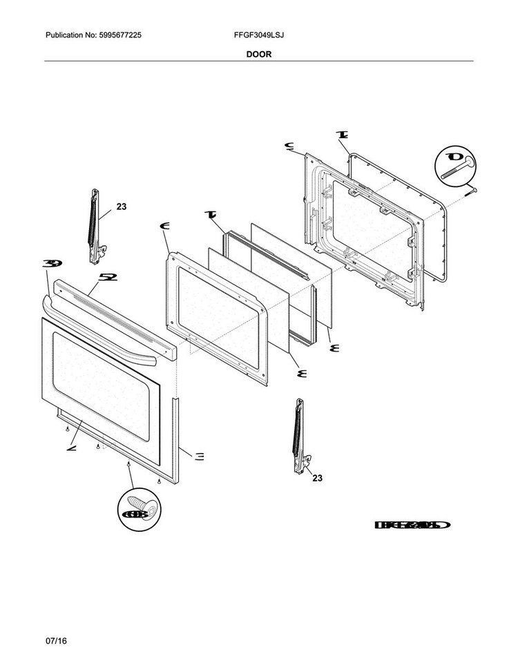 Door Diagram and Parts List for FFGF3049LSJ  Frigidaire Range