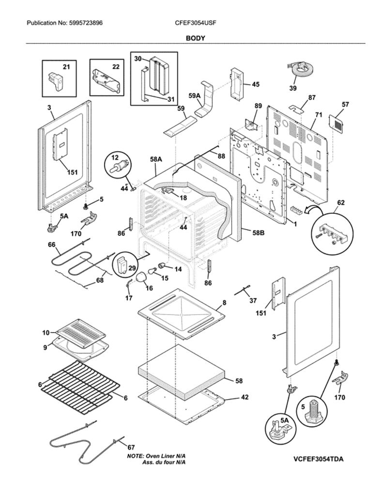 Body Diagram and Parts List for CFEF3054USF  Frigidaire Range