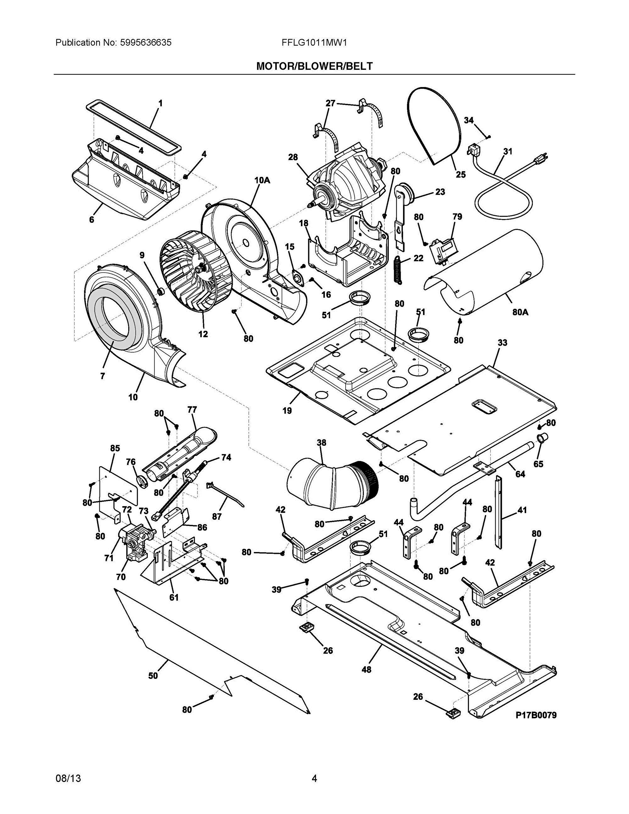 03 - MOTOR/BLOWER/BELT Diagram and Parts List for FFLG1011MW1  Frigidaire Washer Dryer Combo