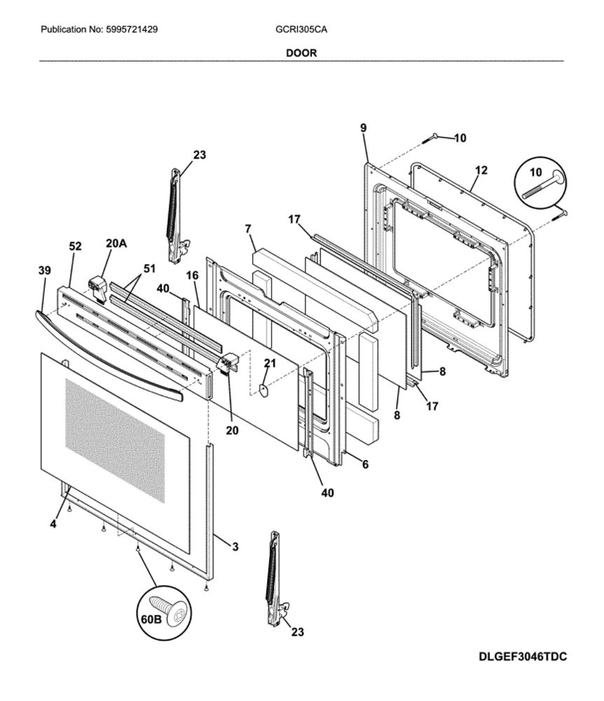 Door Diagram and Parts List for GCRI305CAFA  Frigidaire Range