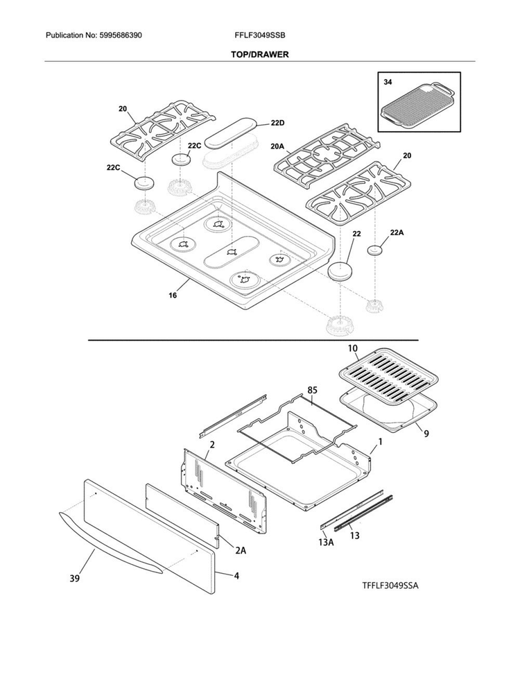 Top/drawer Diagram and Parts List for FFLF3049SSB  Frigidaire Range