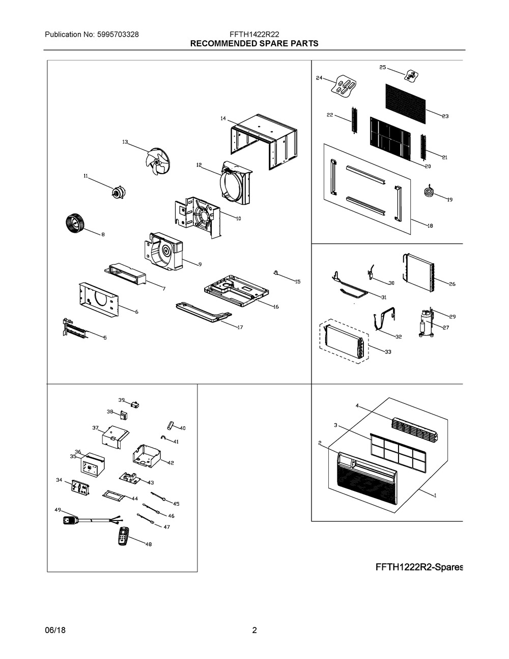 Recommended Spare Parts Diagram and Parts List for FFTH1422R22  Frigidaire Air Conditioner