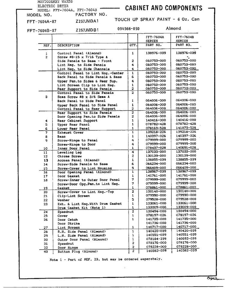 Dryer Console/controls Page 2 Diagram and Parts List for 7604A  Frigidaire Dryer