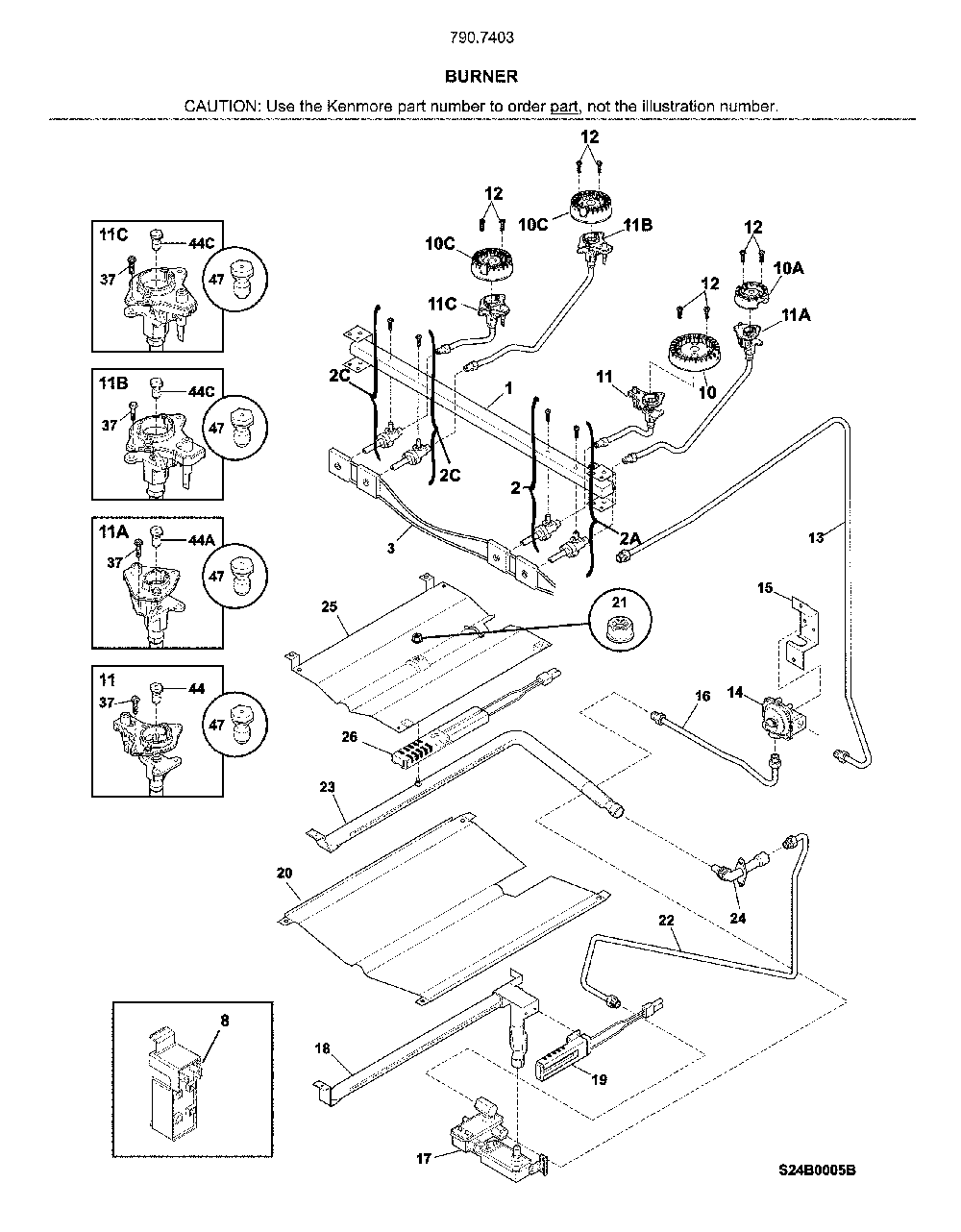 Burner Diagram and Parts List for 79074032314  Kenmore Range