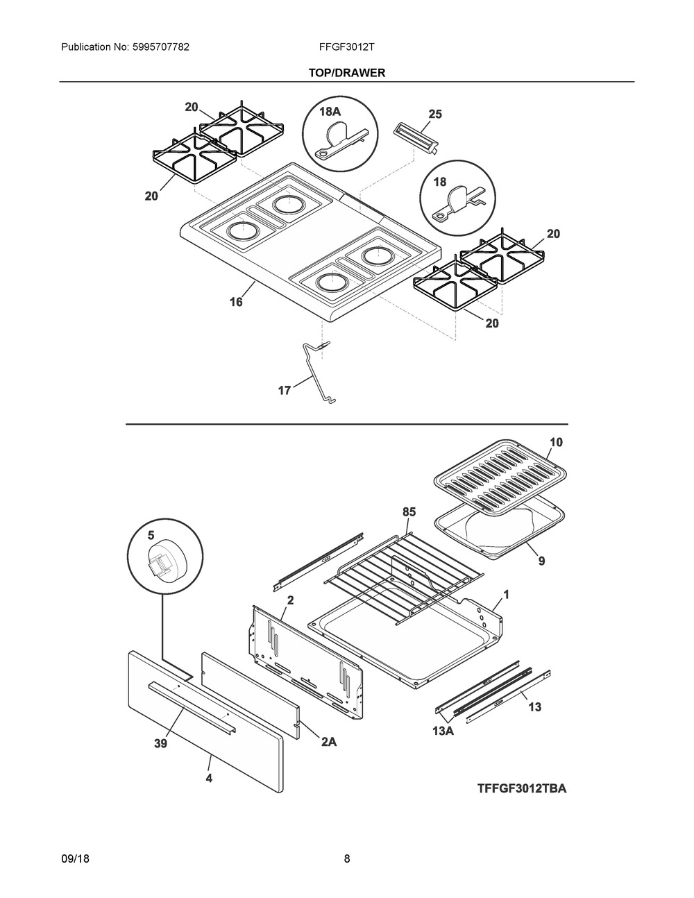 Top/drawer Diagram and Parts List for FFGF3012TWB  Frigidaire Range