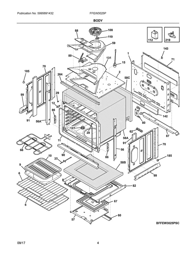 03 - Body Diagram and Parts List for FFEW3025PBD  Frigidaire Wall Oven