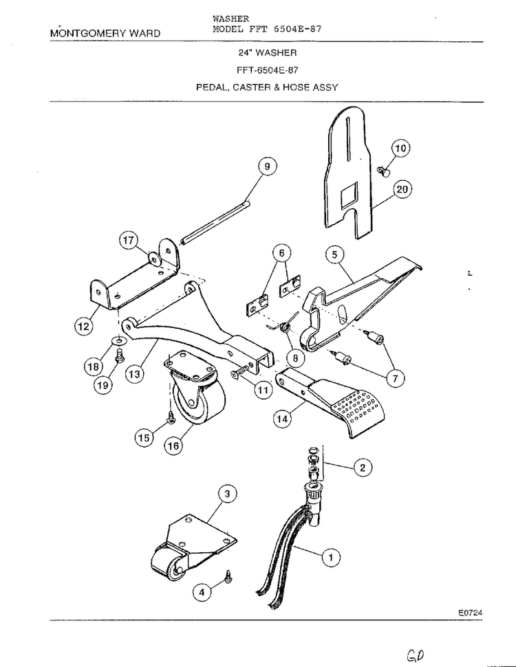 Pedal, Caster And Hose Assy Diagram and Parts List for 6504E-87  Frigidaire Washer