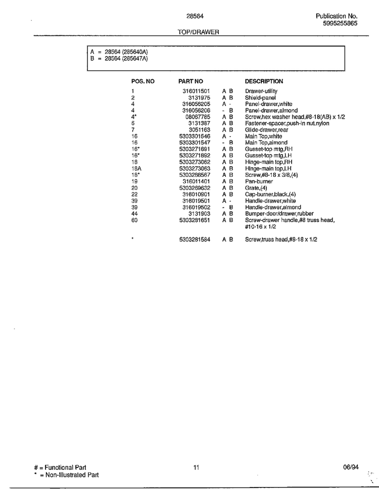 Top/drawer Page 2 Diagram and Parts List for 285647A  Frigidaire Range