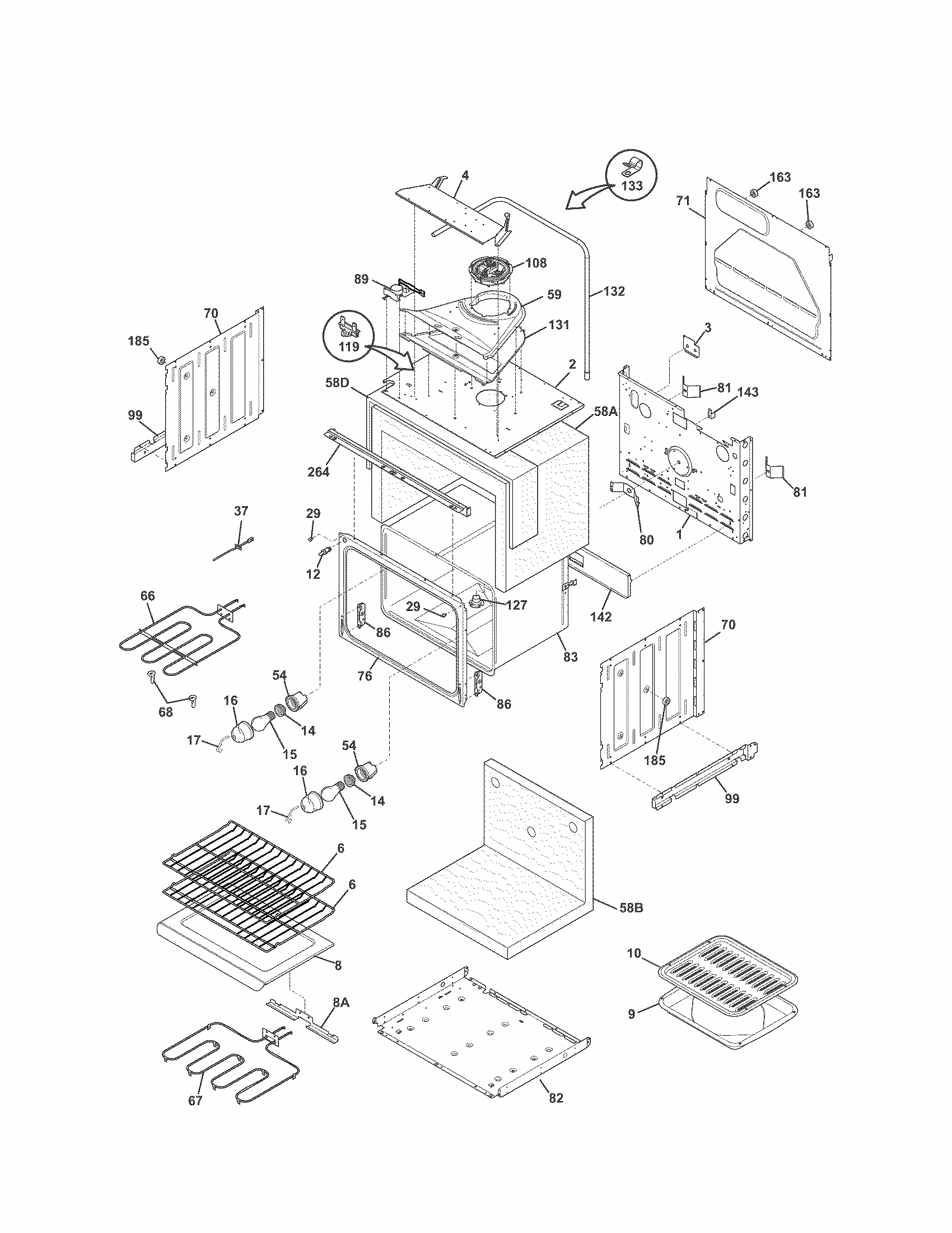 Upper Oven Diagram and Parts List for 79048779901  Kenmore Wall Oven