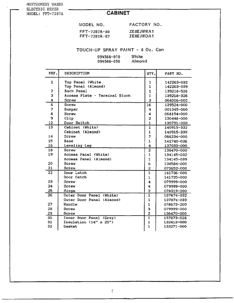 Electric Dryer Cabinet Page 2 Diagram and Parts List for 7287A  Frigidaire Dryer