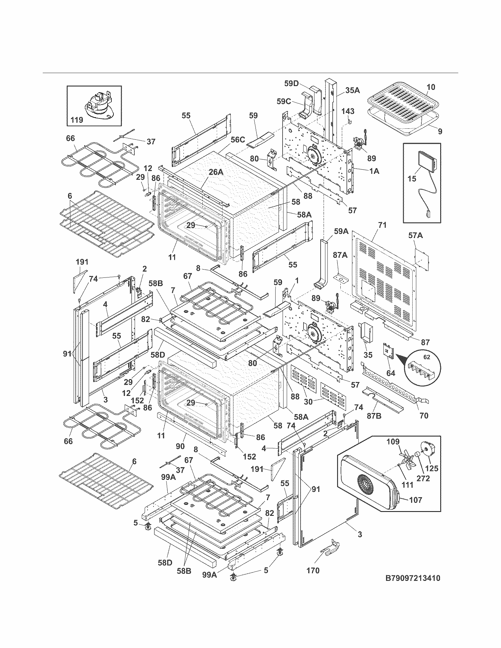 Body Diagram and Parts List for 79097213410  Kenmore Range