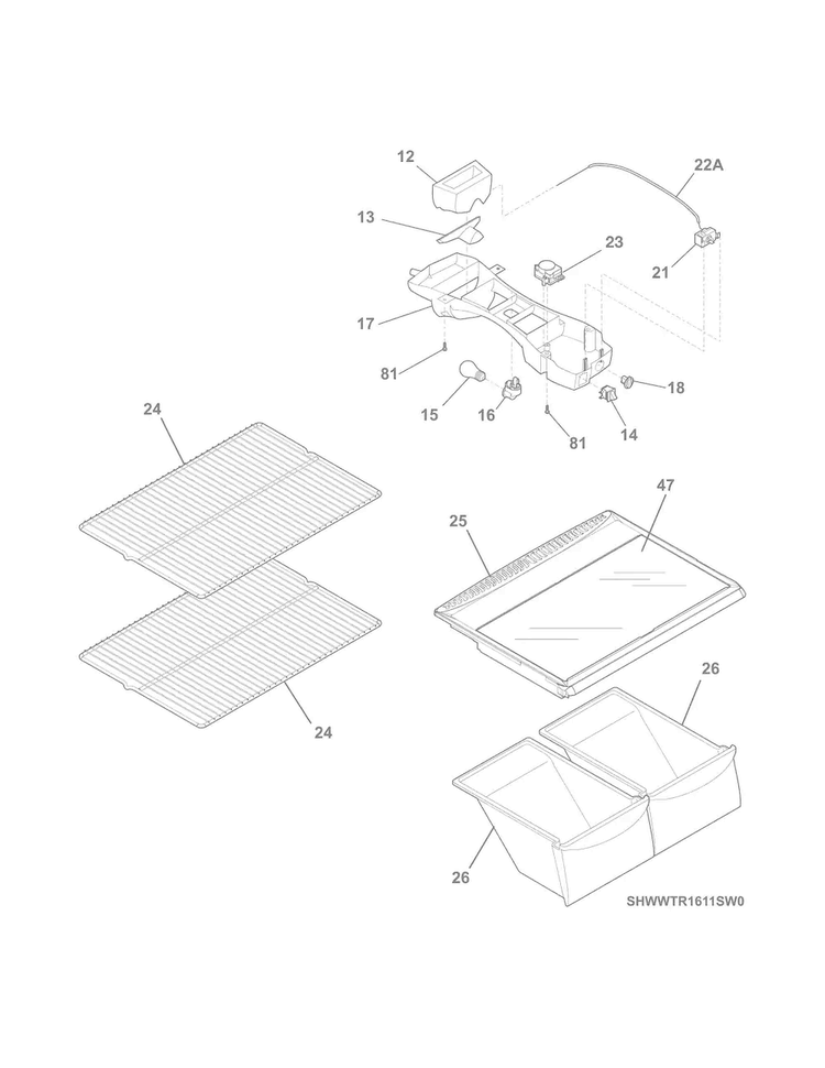 Shelves Diagram and Parts List for WWTR1611SW0  Westinghouse Refrigerator