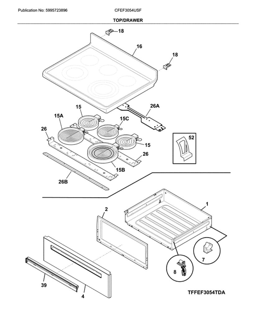 Top/Drawer Diagram and Parts List for CFEF3054USF  Frigidaire Range