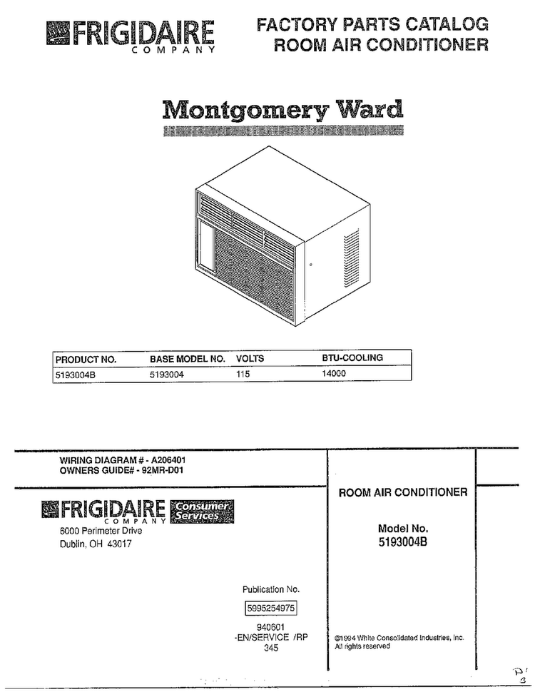 Cover Page Diagram and Parts List for 5193004B  Frigidaire Air Conditioner