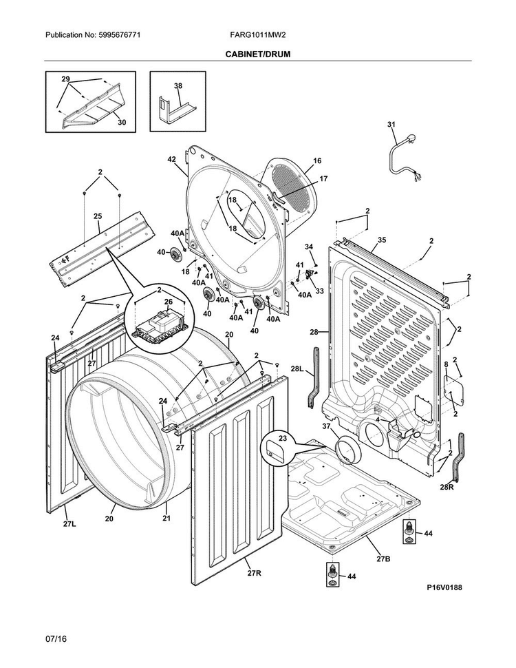 Cabinet/drum Diagram and Parts List for FARG1011MW2  Frigidaire Dryer