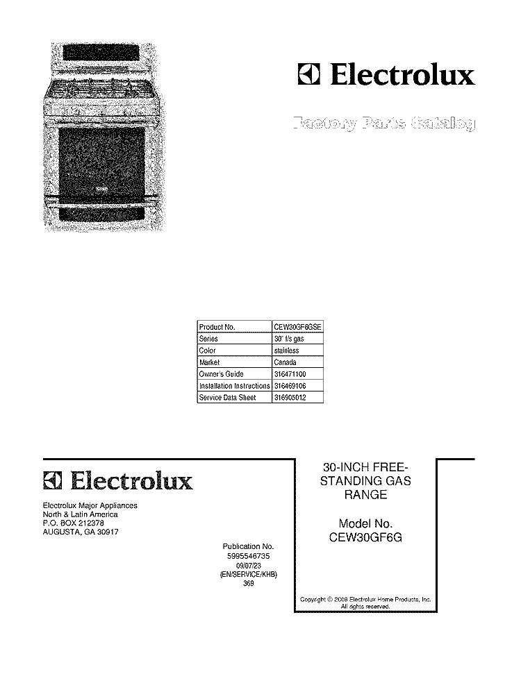 COVER Diagram and Parts List for CEW30GF6GSE  Electrolux Range