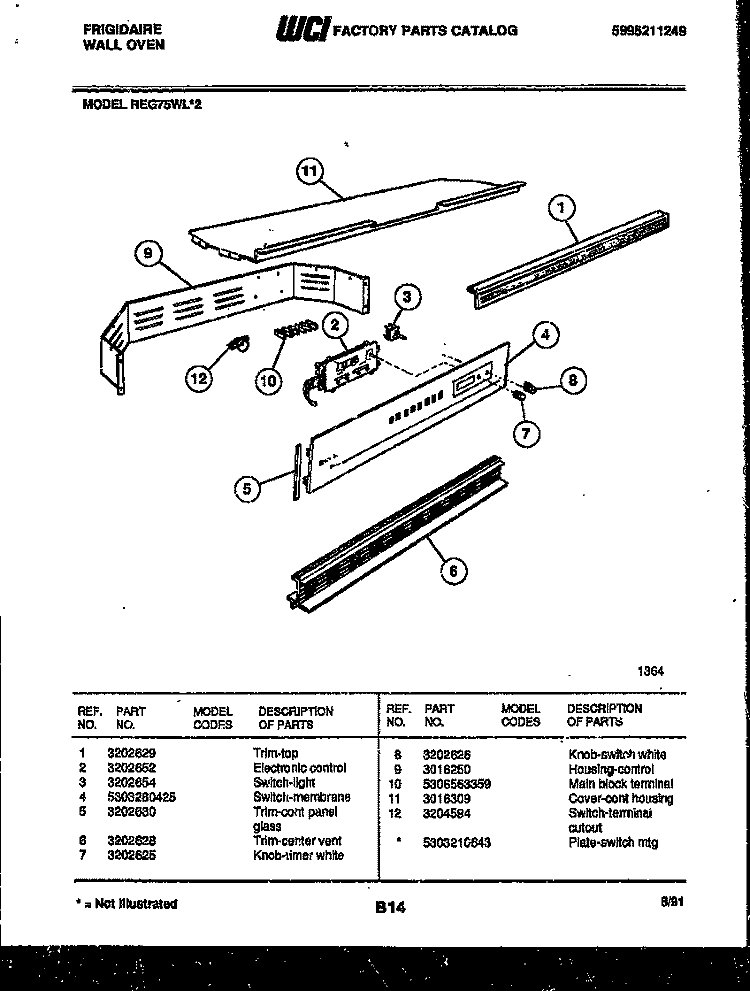 CONTROL PANEL Diagram and Parts List for REG75WL2  Frigidaire Wall Oven