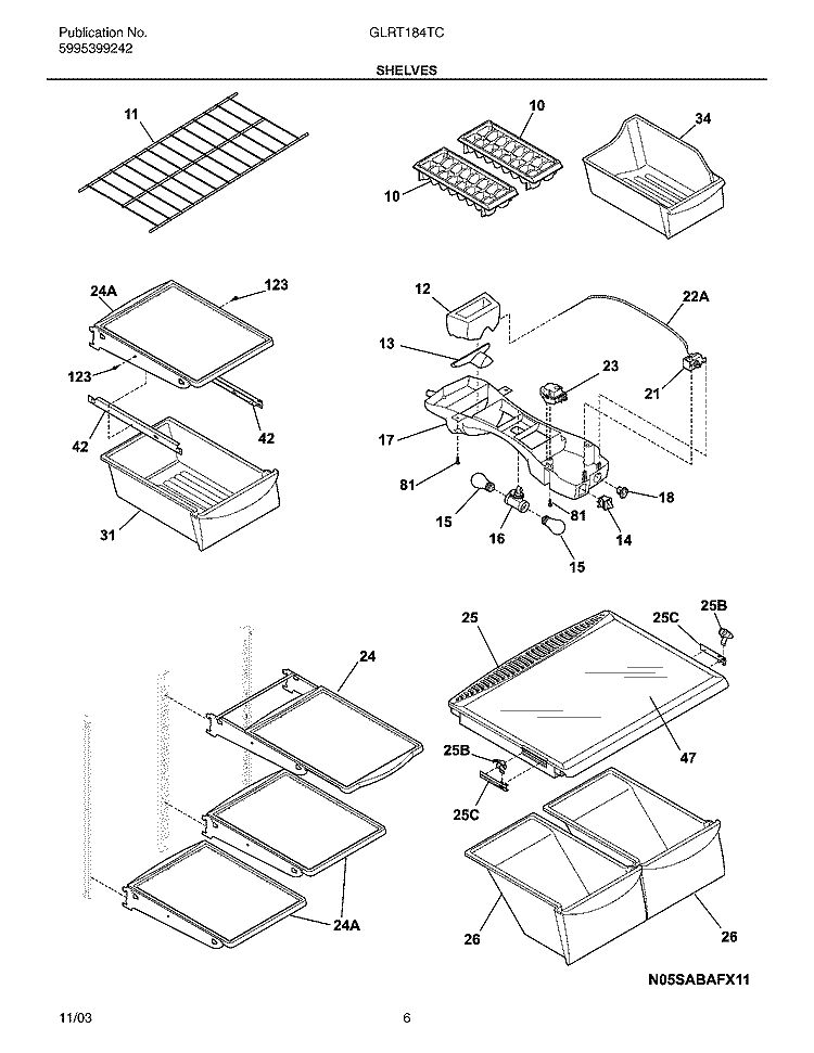 SHELVES Diagram and Parts List for GLRT184TCB5  Frigidaire Refrigerator