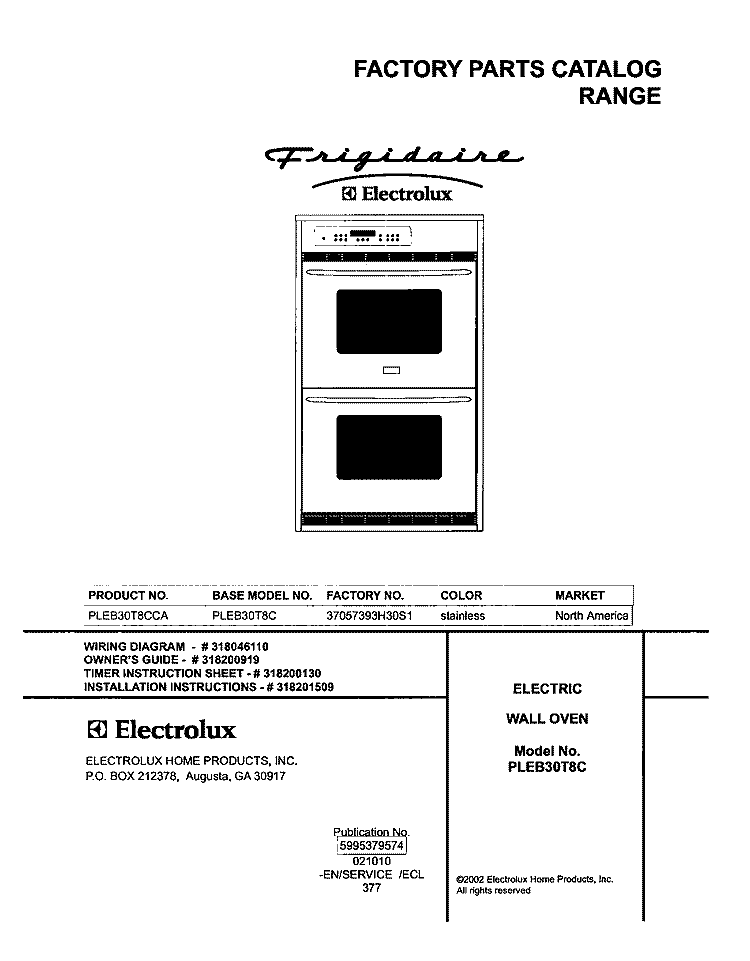 COVER Diagram and Parts List for PLEB30T8CCA  Frigidaire Wall Oven