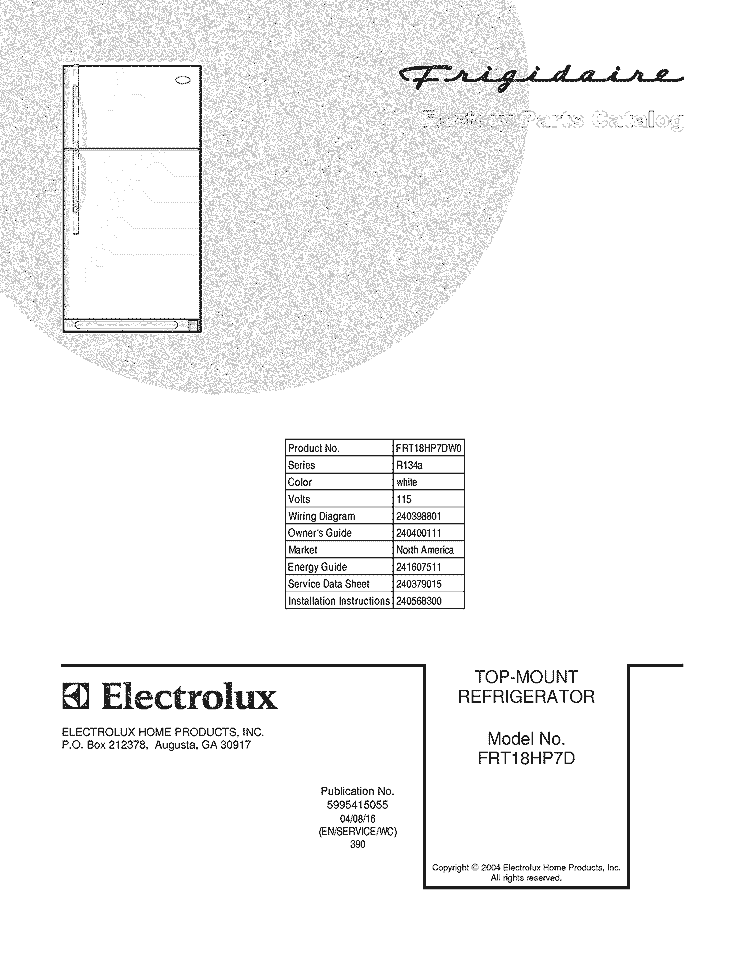 COVER Diagram and Parts List for FRT18HP7DW0  Frigidaire Refrigerator