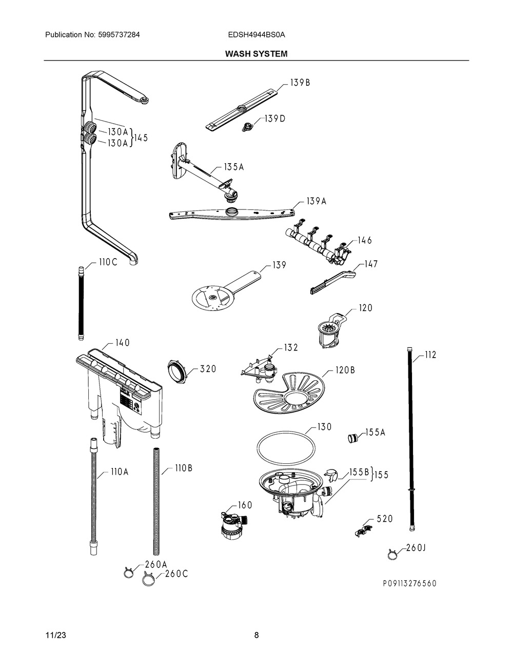 Wash System Diagram and Parts List for EDSH4944BS0A  Frigidaire Dishwasher