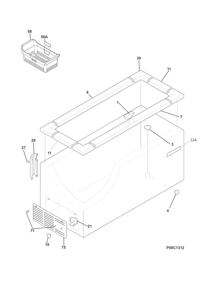 Cabinet Diagram and Parts List for FFFC16M5QWB  Frigidaire Freezer