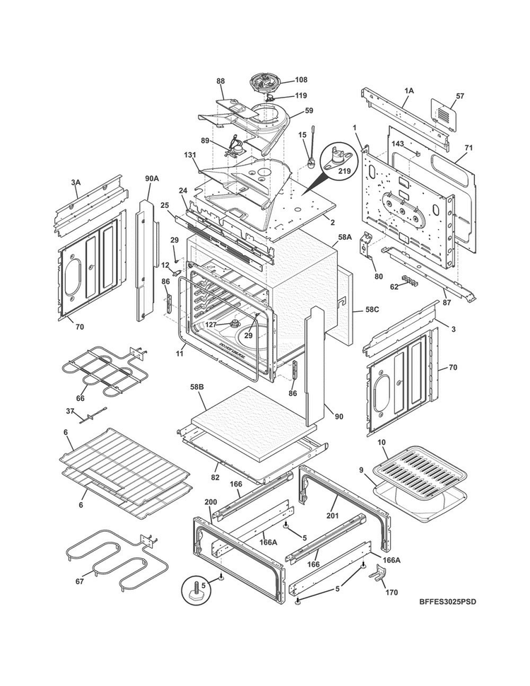 Body Diagram and Parts List for FFES3025PSG  Frigidaire Range