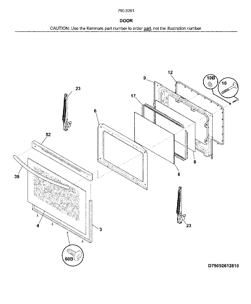 Door Diagram and Parts List for 79092619810  Kenmore Range
