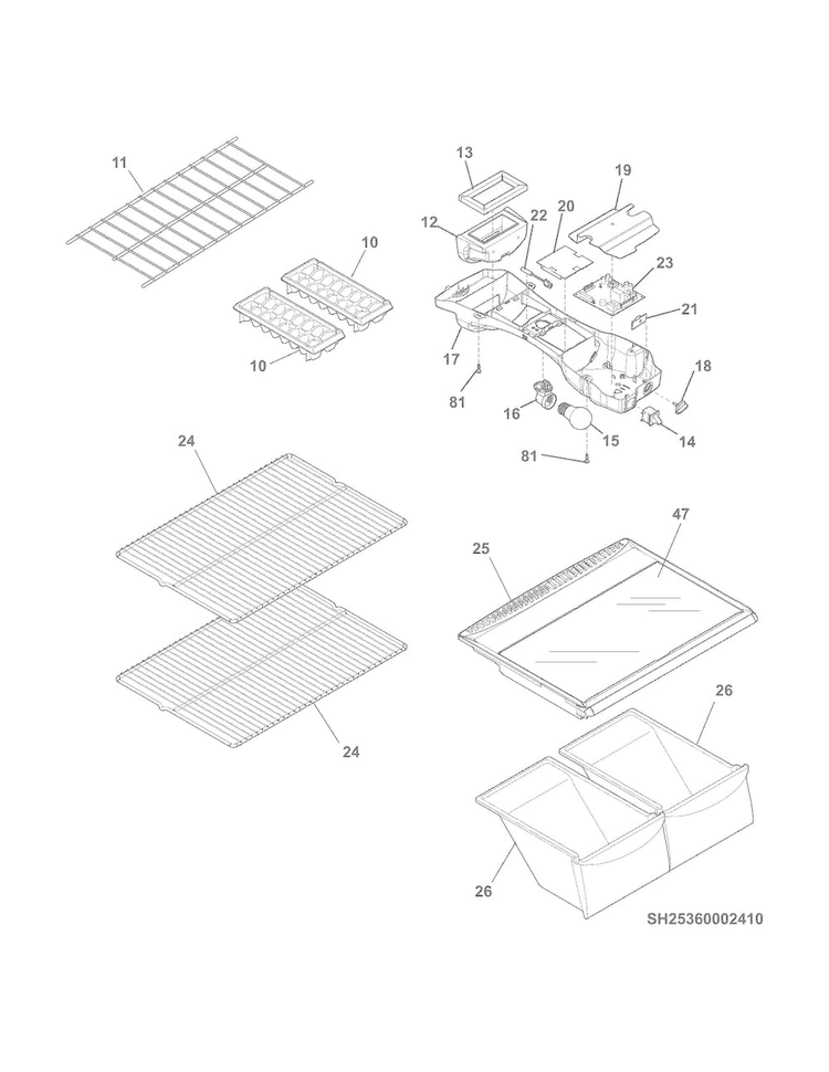 Shelves Diagram and Parts List for 25360022412  Kenmore Refrigerator