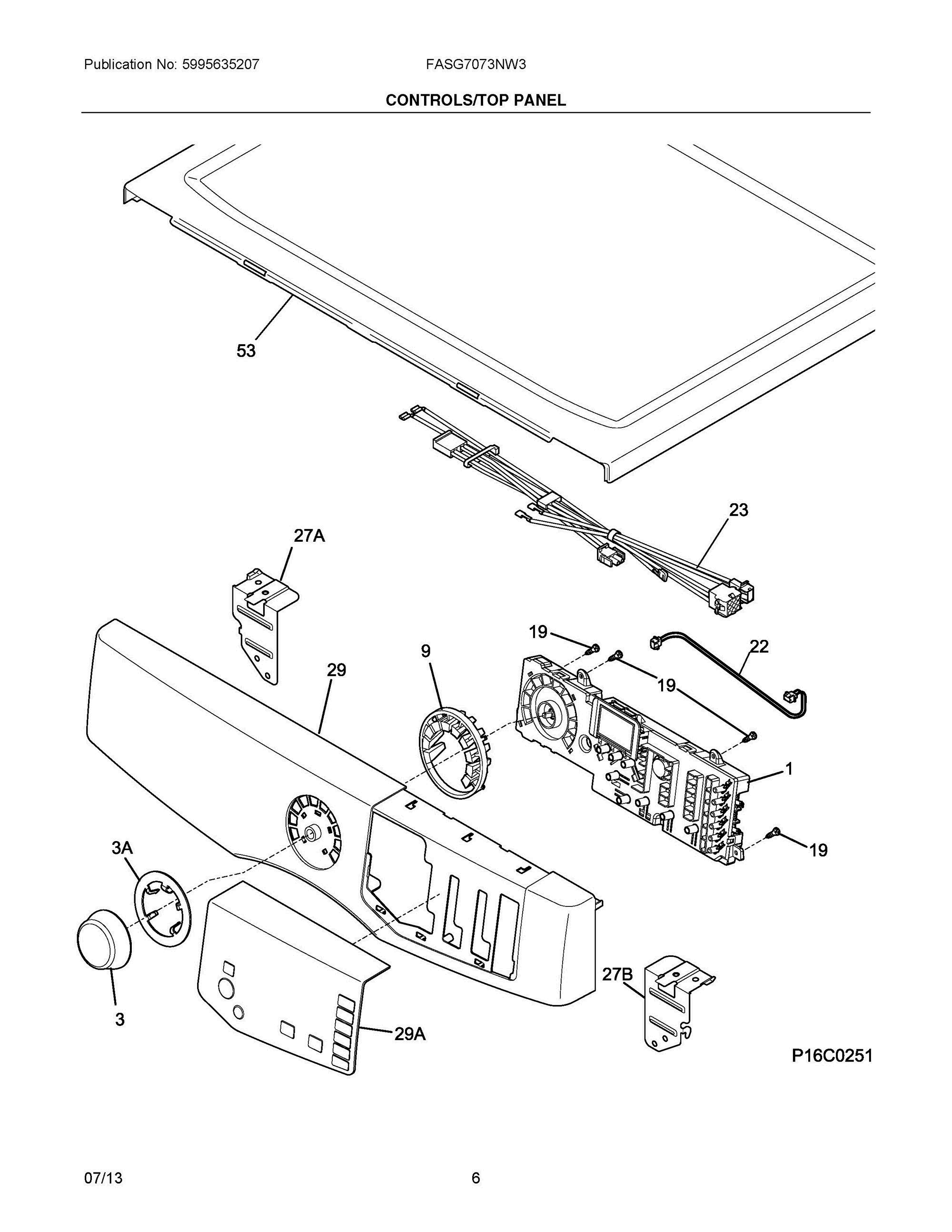 04 - CONTROLS/TOP PANEL Diagram and Parts List for FASG7073NW3  Frigidaire Dryer