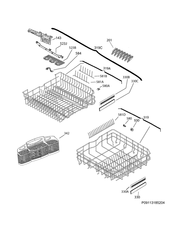 Racks Diagram and Parts List for FPID2495QF3B  Frigidaire Dishwasher