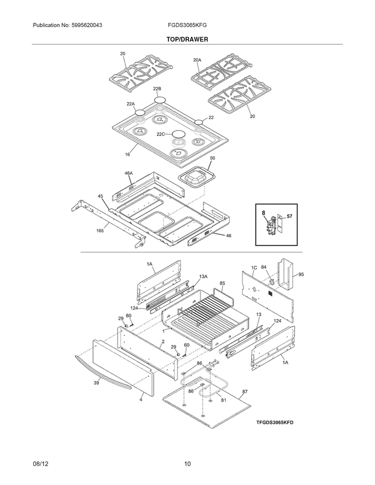 Top/drawer Diagram and Parts List for FGDS3065KFG  Frigidaire Range