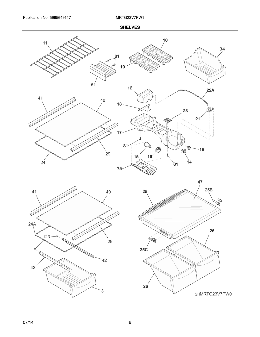 Shelves Diagram and Parts List for MRTG23V7PW1  Westinghouse Refrigerator