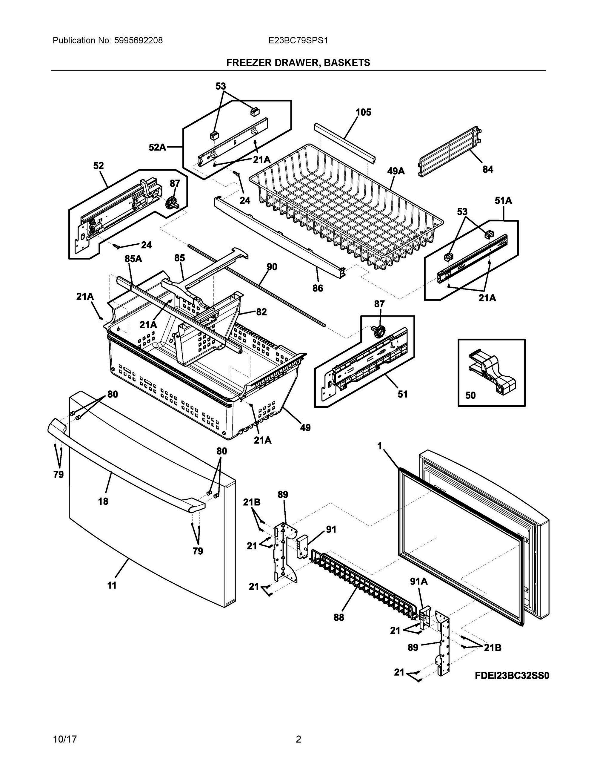 02 - FREEZER DRAWER, BASKETS Diagram and Parts List for E23BC79SPS1  Frigidaire Refrigerator