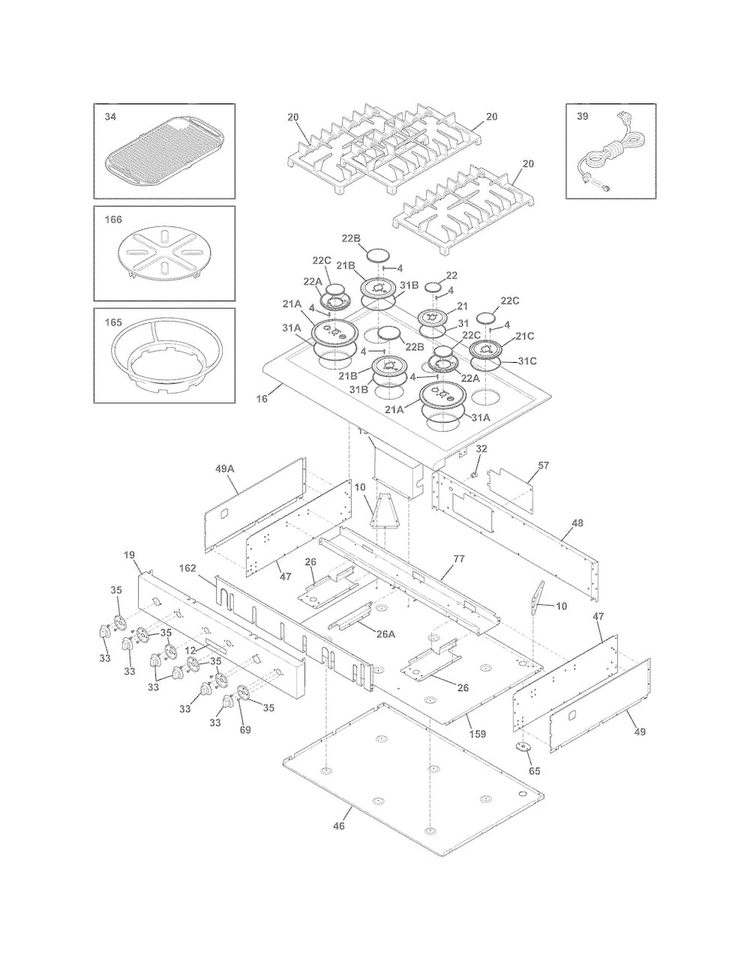 Cook Top Diagram and Parts List for E36GC76PPS0  Electrolux Cooktop
