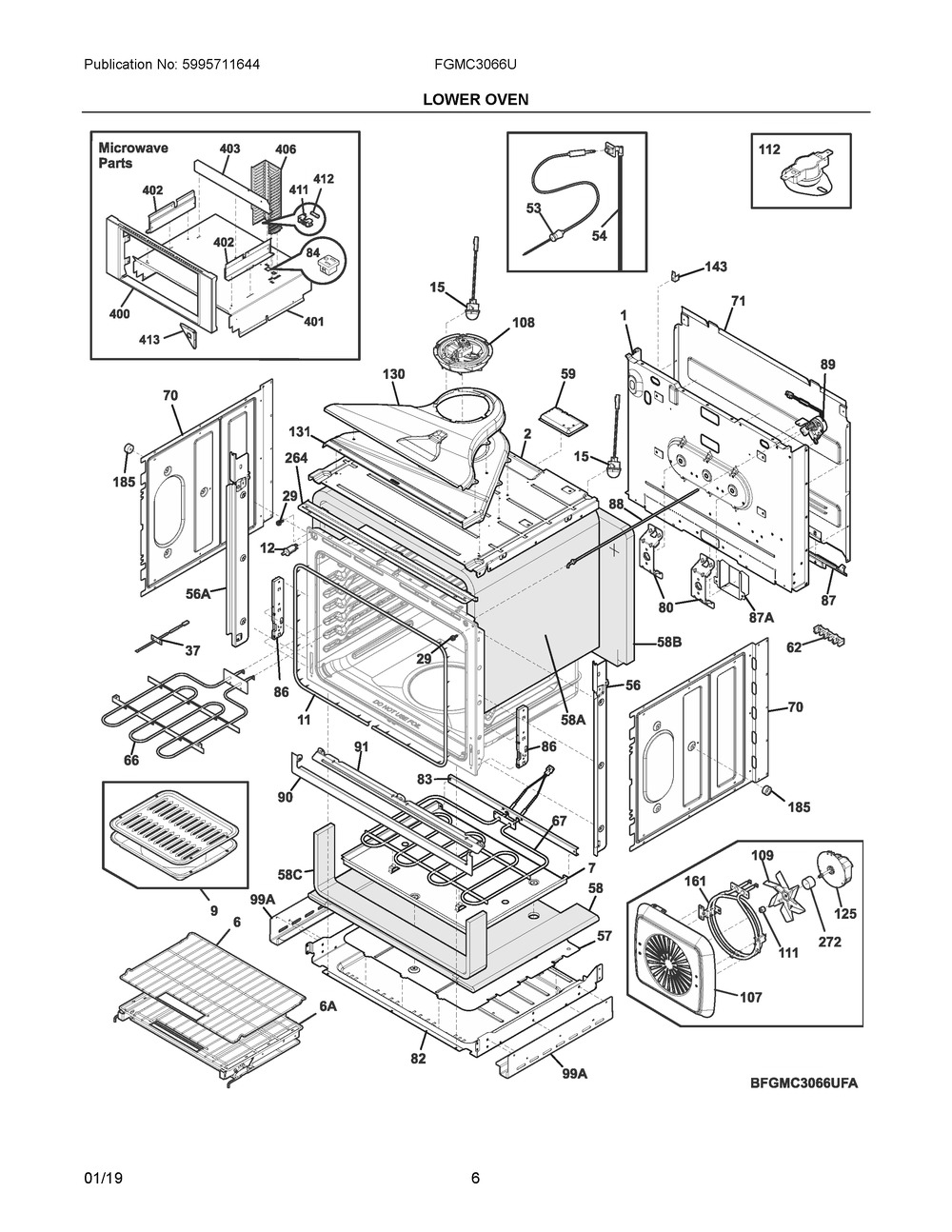 Lower Oven Diagram and Parts List for FGMC3066UFA  Frigidaire Microwave Oven Combo