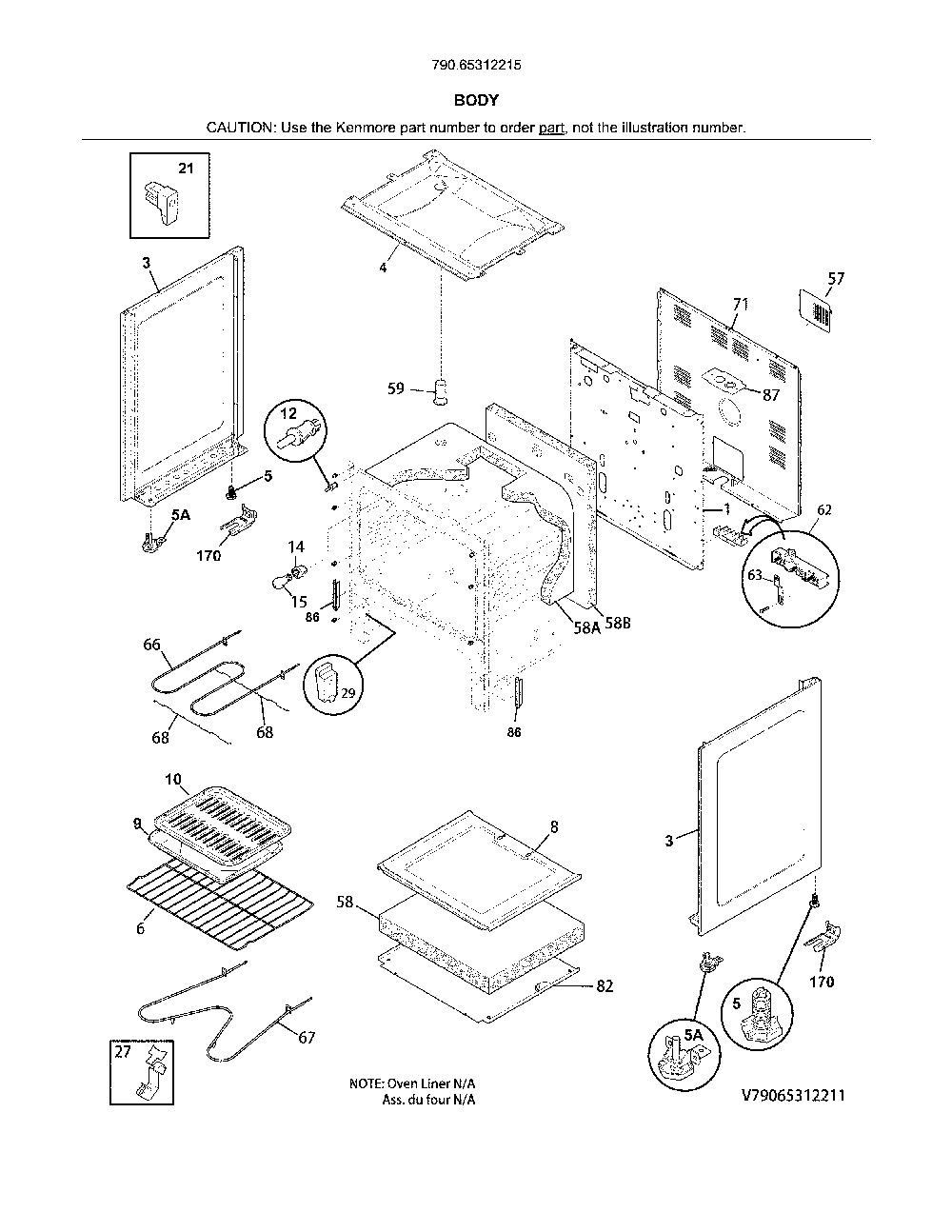 Body Diagram and Parts List for 79065312215  Kenmore Range