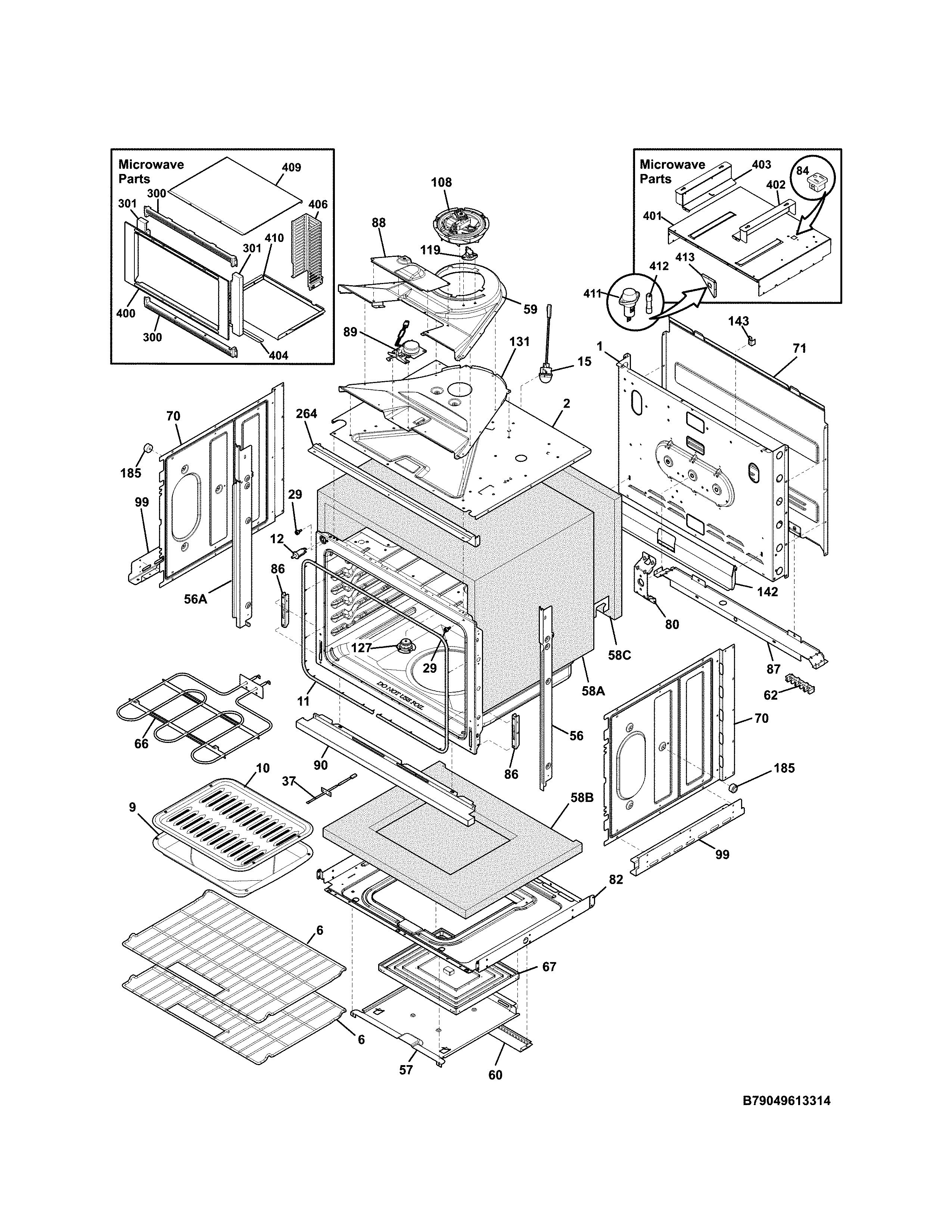 Lower Oven Diagram and Parts List for 79049612314  Kenmore Microwave