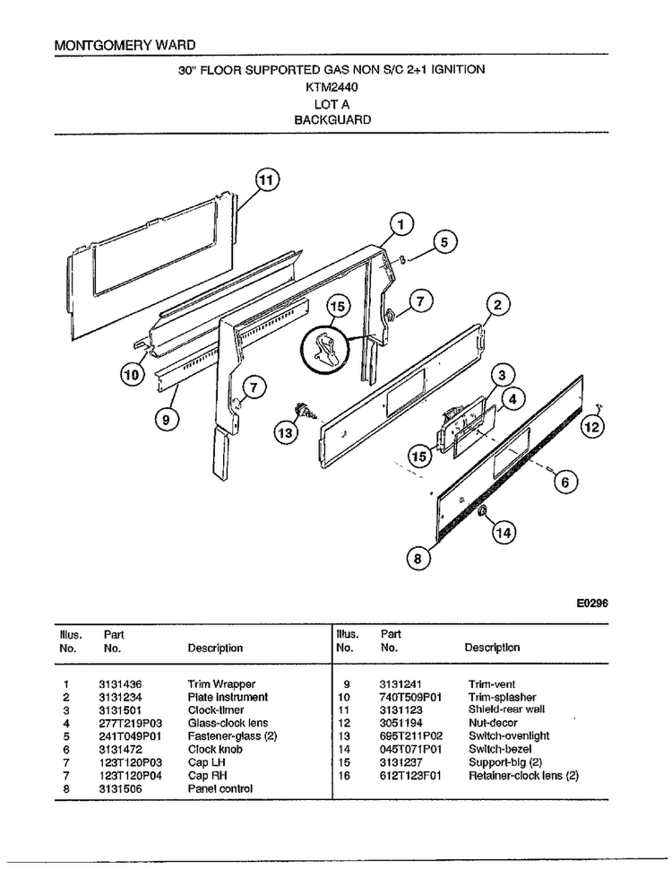 30" Gas Range/backguard Diagram and Parts List for 2440A  Frigidaire Range