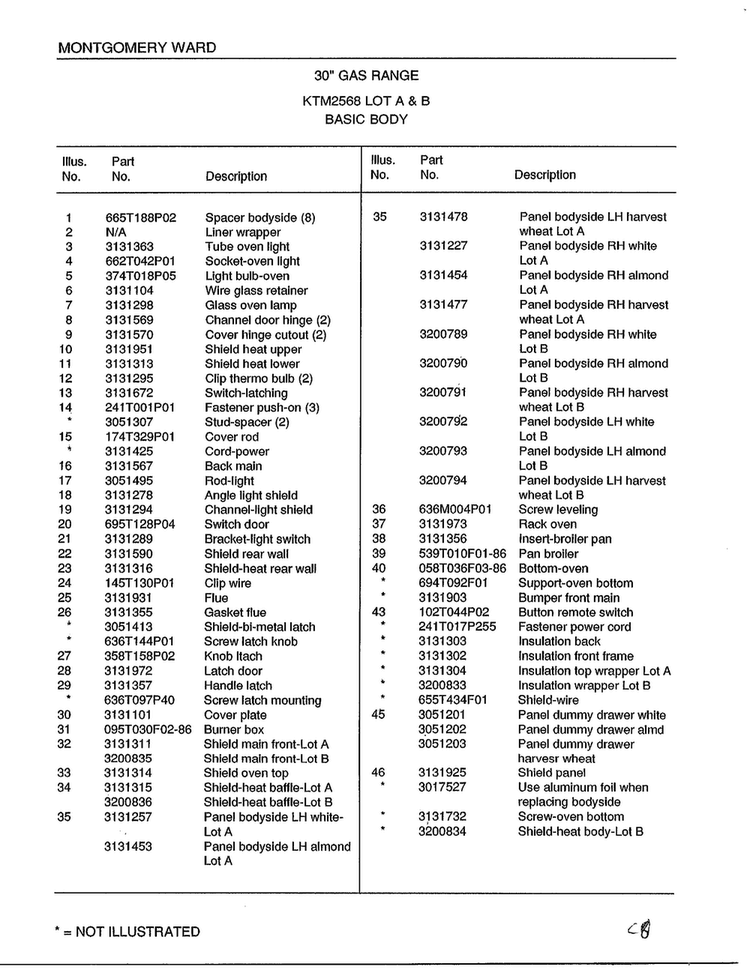 30" Gas Range/ Basic Body Page 2 Diagram and Parts List for 2568A  Frigidaire Range