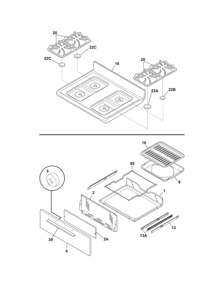 Top/drawer Diagram and Parts List for FFGF3017LBE  Frigidaire Range