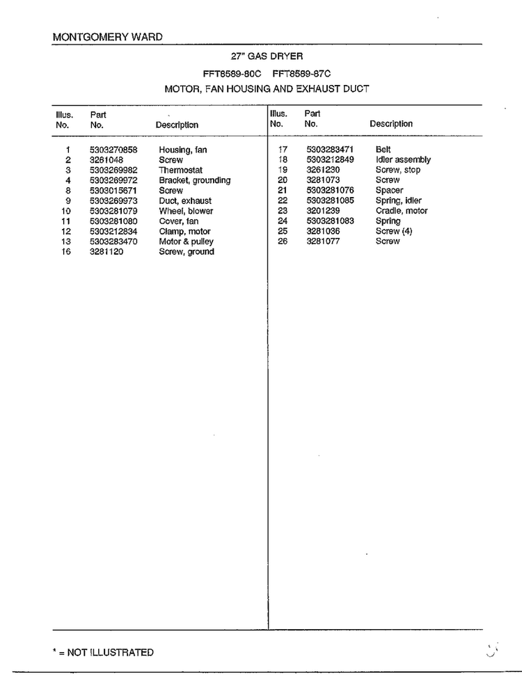Motor, Fan Housing And Exhaust Duct Page 2 Diagram and Parts List for 8589-80C  Frigidaire Dryer