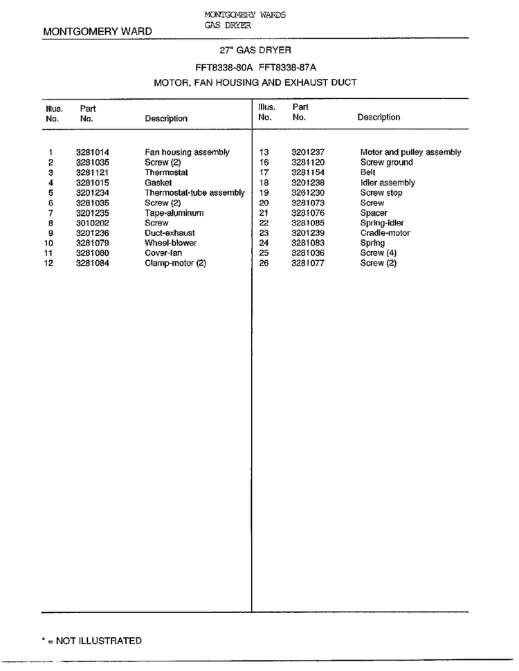 27` Motor/fan Housing/exhaust Duct Page 2 Diagram and Parts List for 8338A  Frigidaire Dryer
