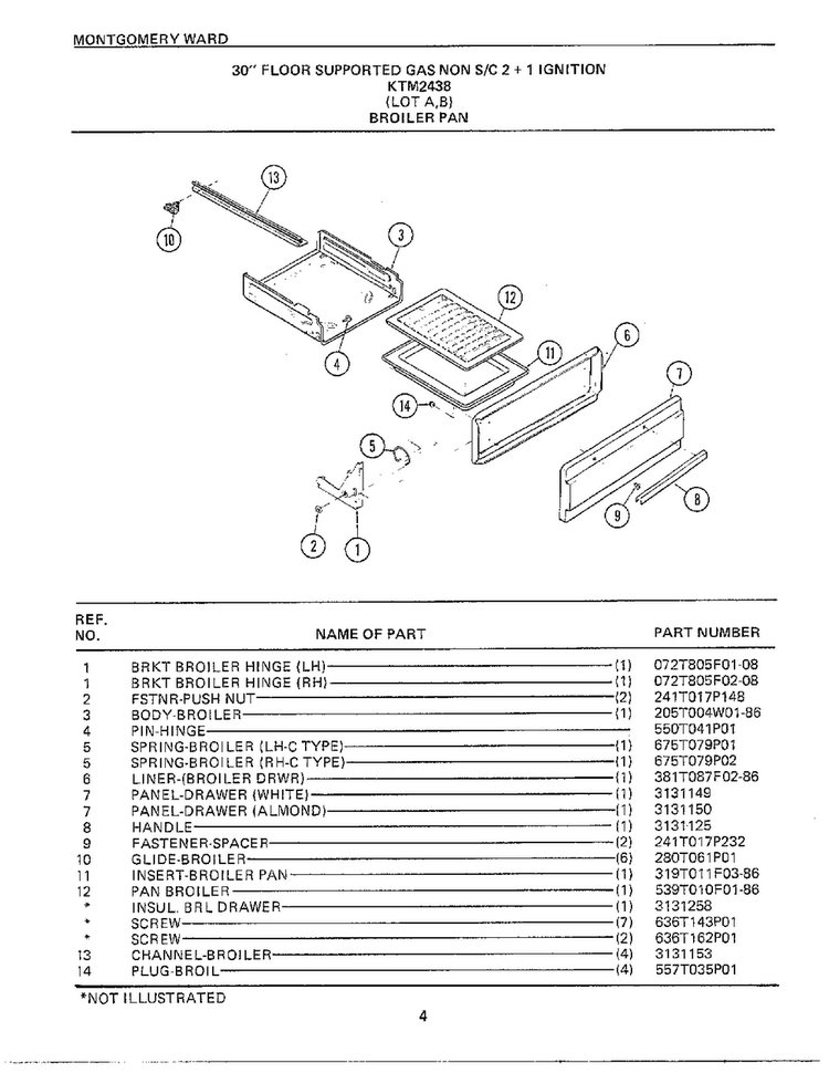 30` Floor Broiler Pan Diagram and Parts List for 2438A  Frigidaire Range