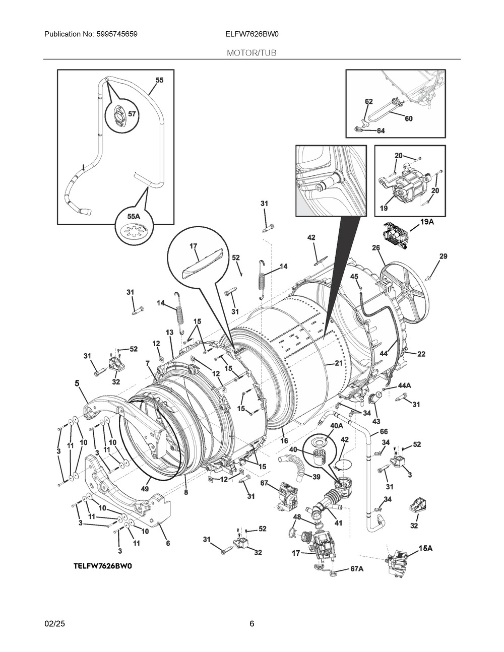 Motor/Tub Diagram and Parts List for ELFW7626BW0  Frigidaire Washer