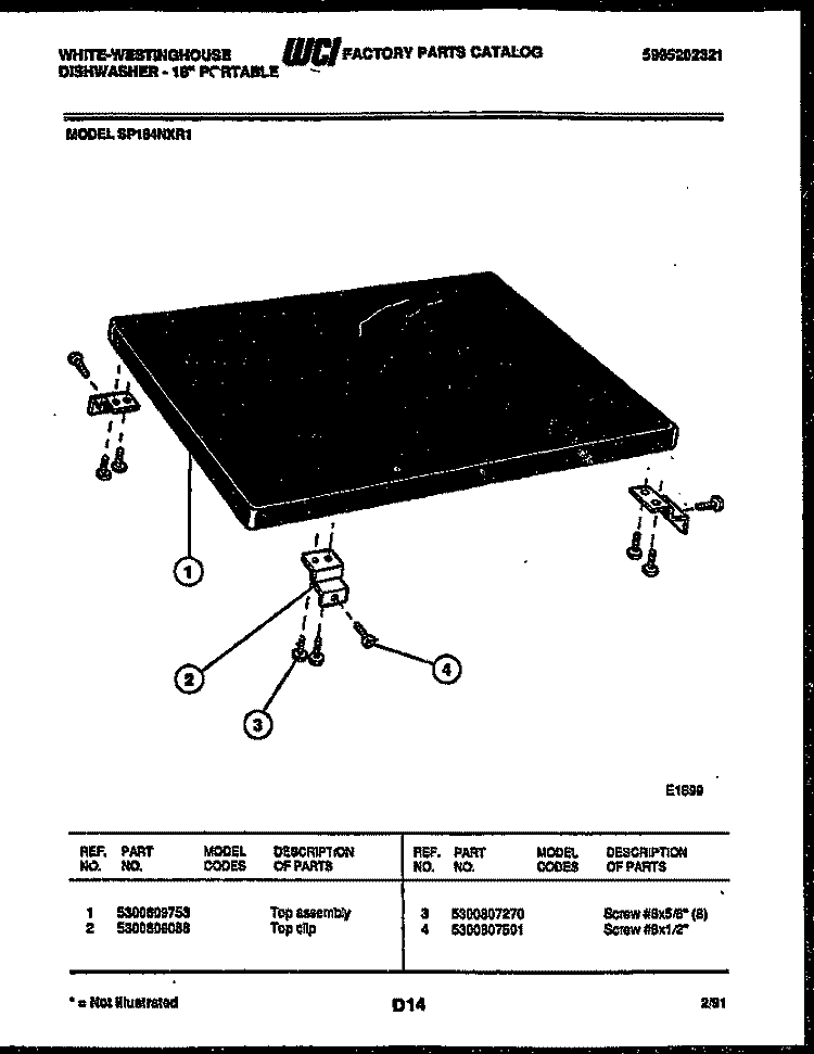 TOP ASSEMBLY Diagram and Parts List for SP184NXR1  Frigidaire Dishwasher
